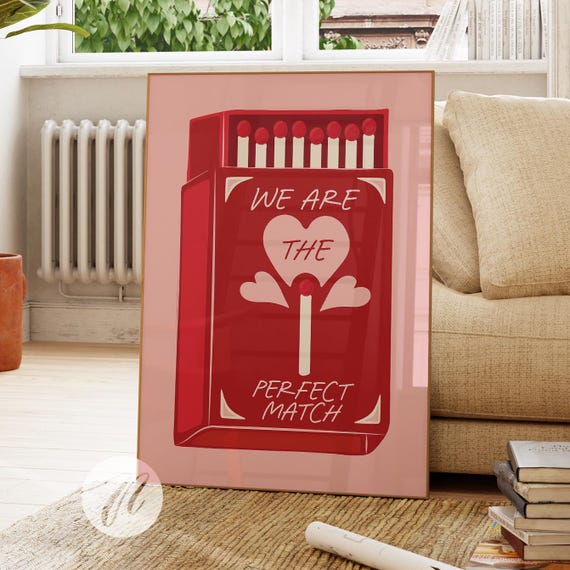 Perfect Match Prints Red Matchbox Valentines Day Decor Cute Print Retro Wall Art Posters