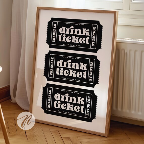 Retro Drink Ticket Stub Black And White Bar Cart Typography Poster