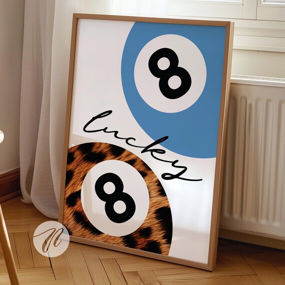 8 Ball Leopard Print Retro Lucky Girl Poster Blue Vintage Pool Wall Art Y2k Apartment Decor Funky Eight Bar Cart