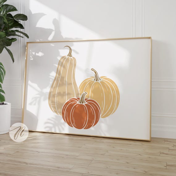 Pumpkin Print Fall Decor Wall Art Watercolour Poster Rustic Farmhouse