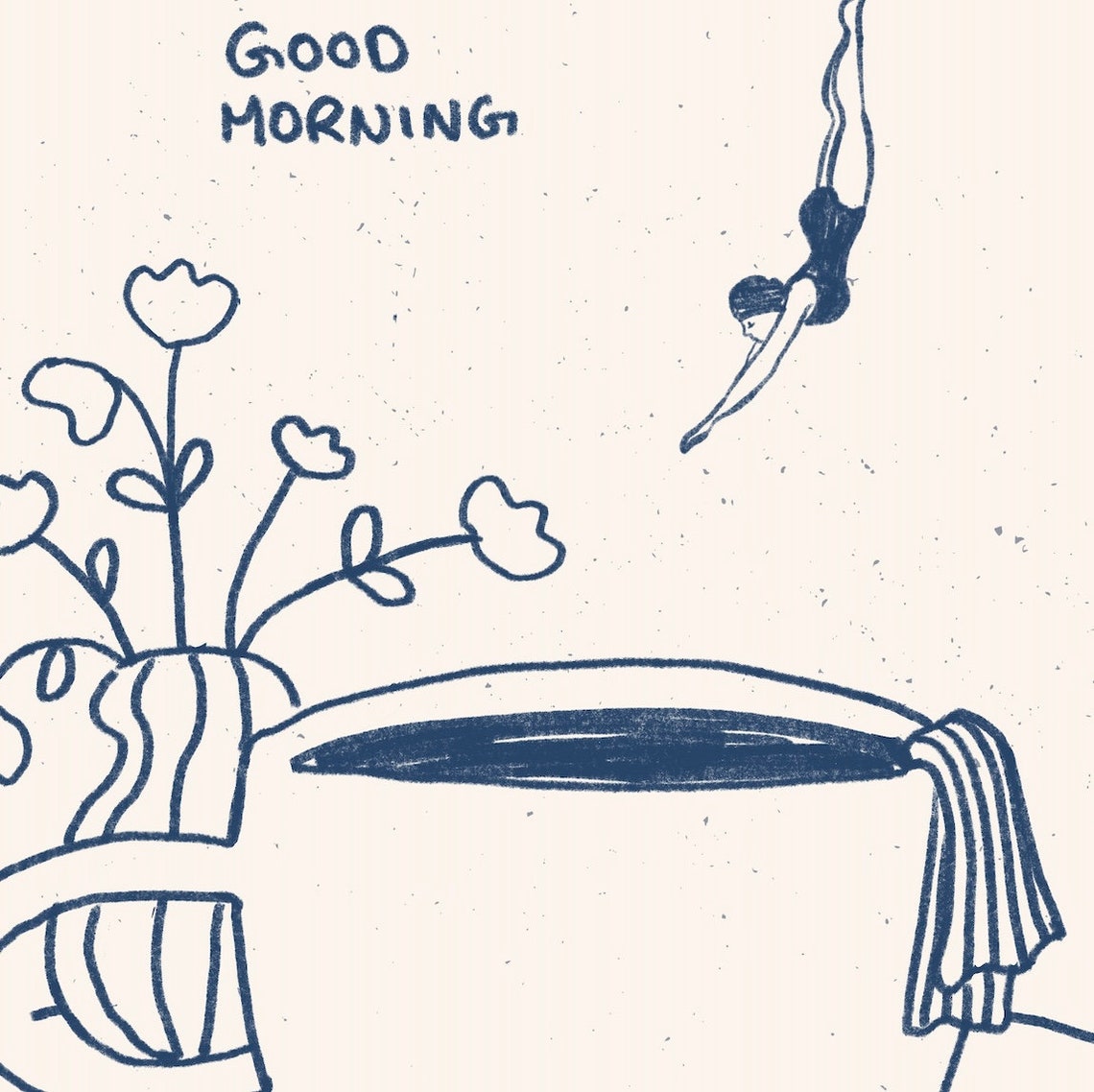 Good Morning Diver Into Coffee Cup Blue Line Drawing Kitchen Wall Art
