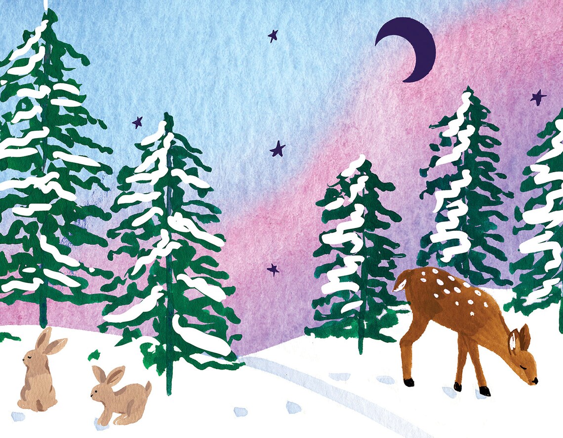 Deer and Rabbits Night Sky Winter Landscape Art Print - Image 4