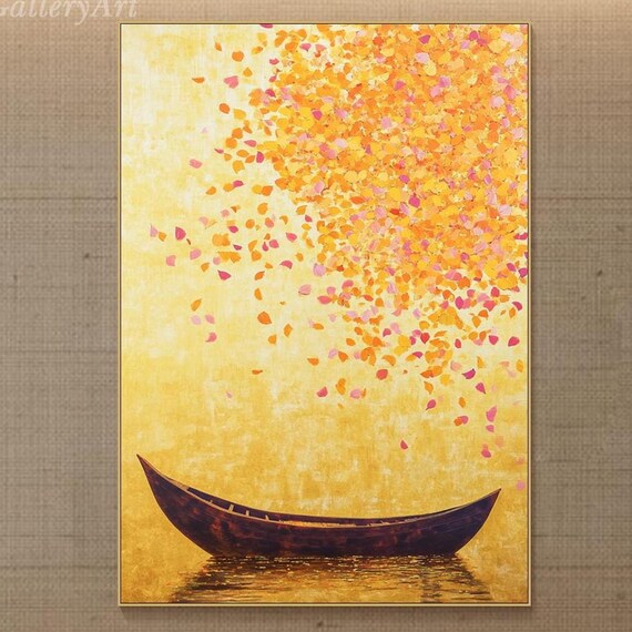 Wooden Canoe on Golden Water Falling Petals Oil Painting Serene Minimalist Poster
