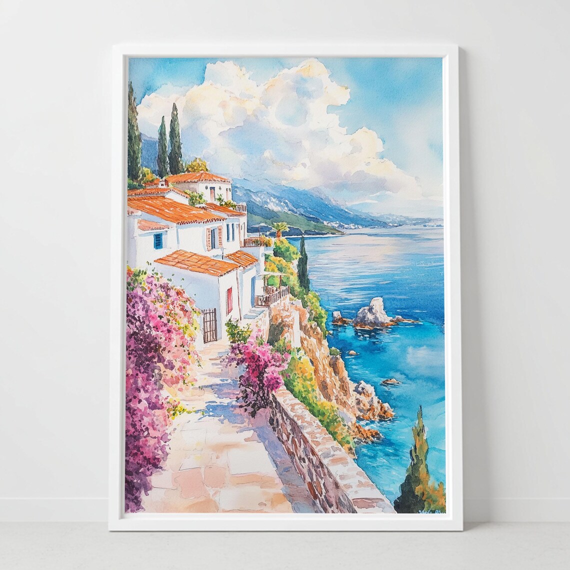 Lefkada Greece Coastal Village Bougainvillea Sea Watercolor Poster