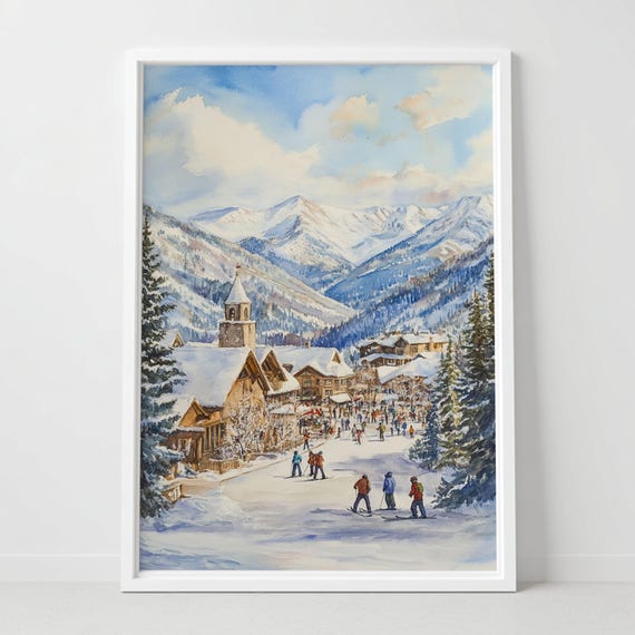 Vail Colorado Print Watercolor Ski Chalet Art Mountain Home Decor