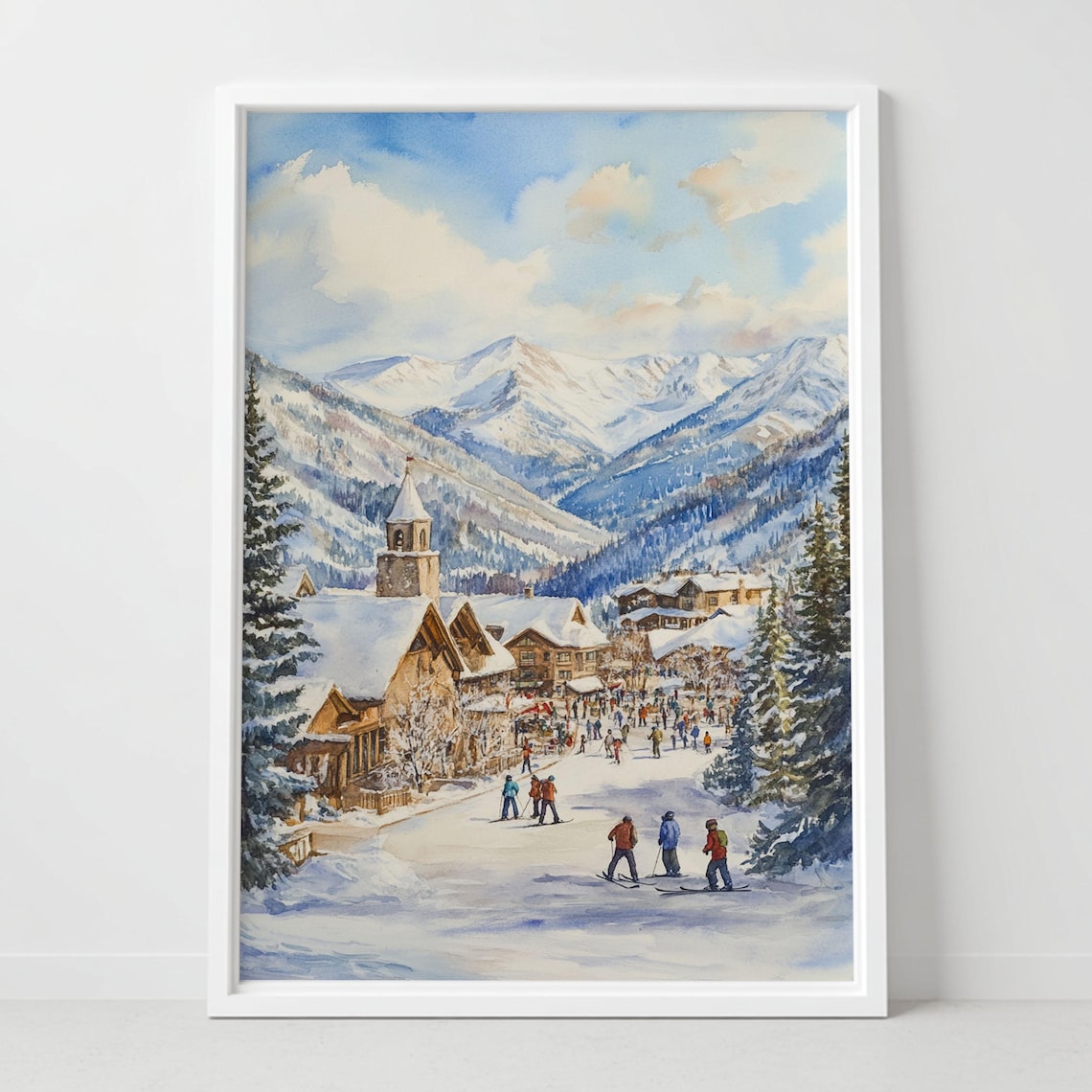 Alpine Ski Village Watercolor Poster with Church Tower and Mountain Skiers