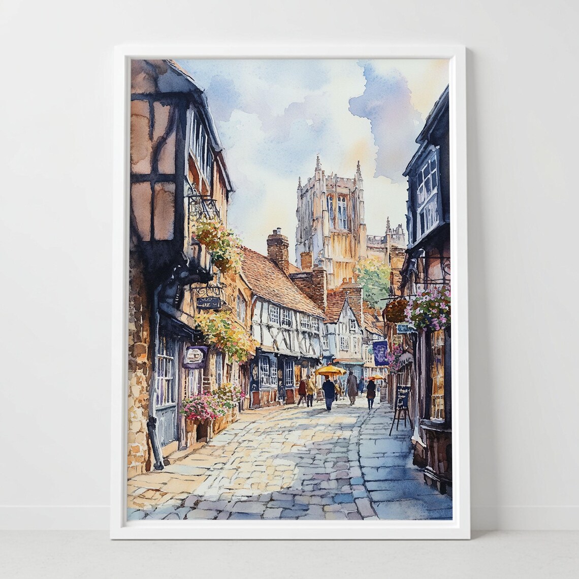 Historic English Town Street Watercolor Poster with Half Timbered Buildings