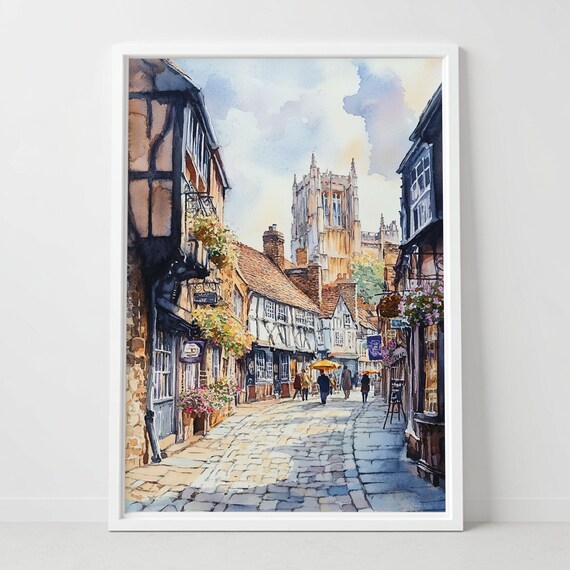 Historic English Town Street Watercolor Poster with Half Timbered Buildings