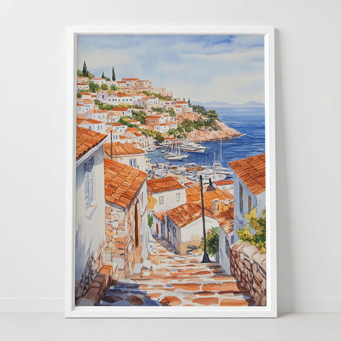 Greek Island Harbor Village Red Roofs Coastal Watercolor Poster