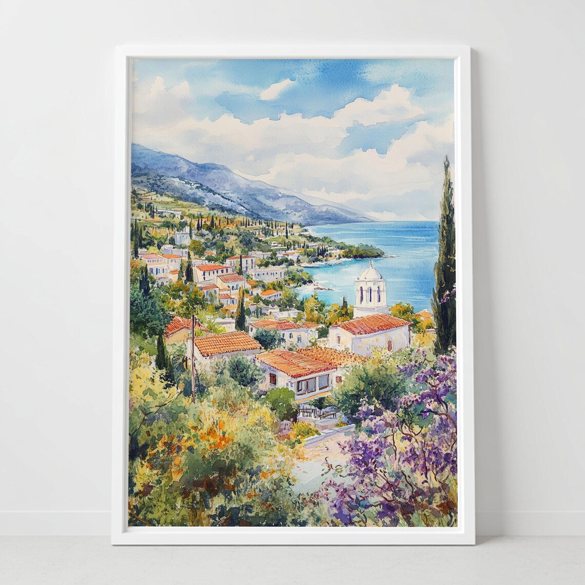 Kalamata Greece Coastal Town Church Hillside Watercolor Scene Poster