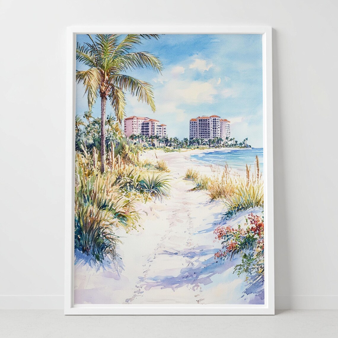 Marco Island Florida Beach Path Palm Tree Watercolor Art Poster