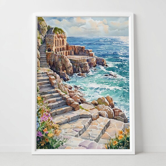Minack Theatre Cornwall Stone Steps Turquoise Ocean Watercolor Poster