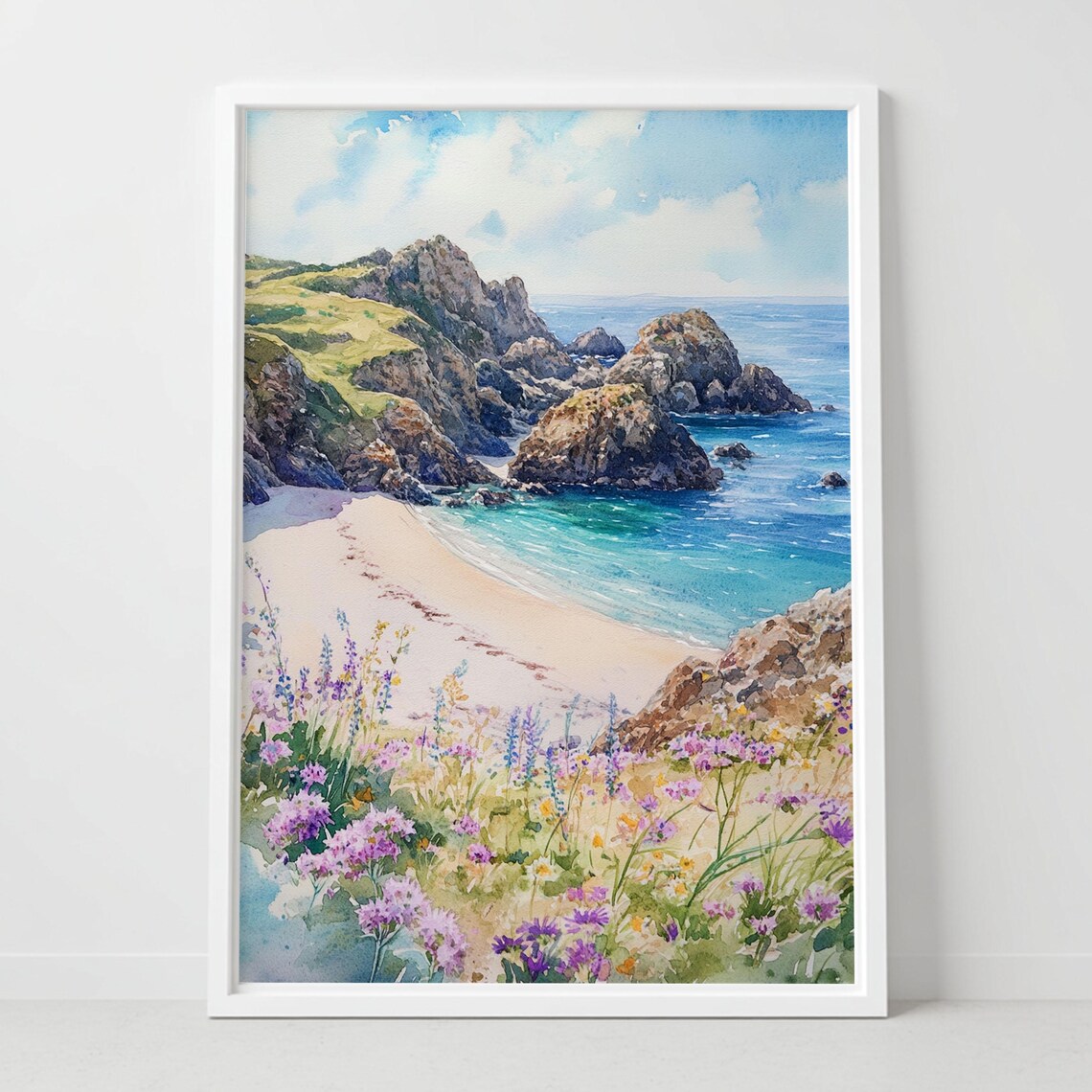 Kynance Cove Cornwall Watercolor Poster Rocky Beach Wildflowers UK Art