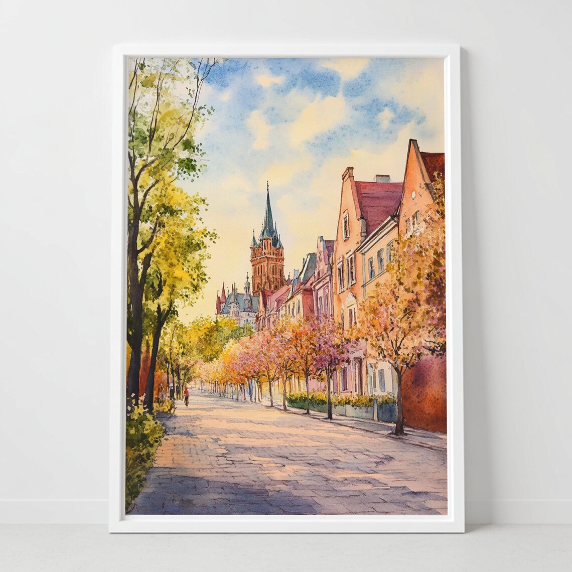 European Old Town Cobblestone Street Church Tower Watercolor Poster