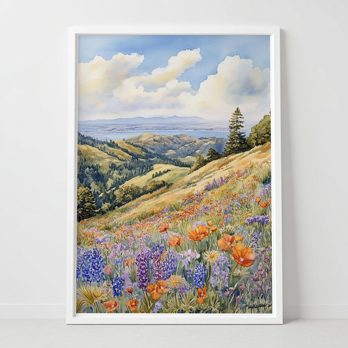 Mount Tamalpais California Poppy Meadow Bay View Watercolor Poster