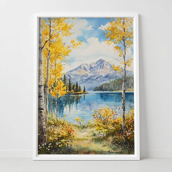 Autumn Golden Aspen Trees Mountain Lake Watercolor Landscape Poster