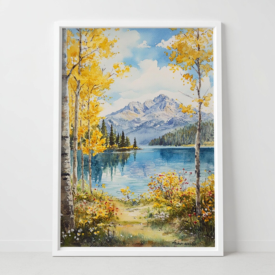 Autumn Golden Aspen Trees Mountain Lake Watercolor Landscape Poster