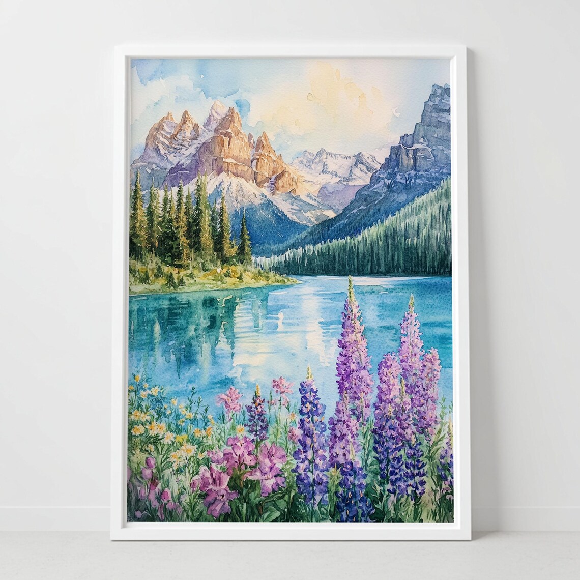 Alpine Lake Lupine Wildflowers Mountain Peak Watercolor Poster