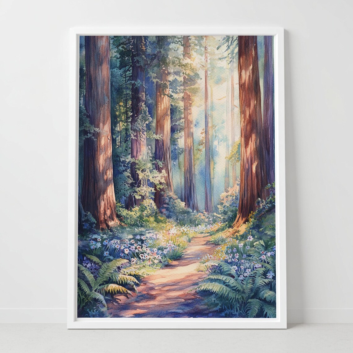 Redwood Forest Sunlit Path Ferns Wildflowers Watercolor Landscape Poster