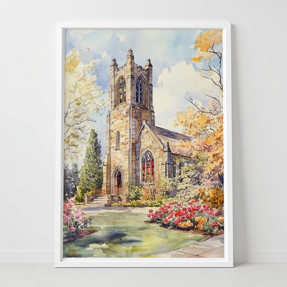 Stone Church Stained Glass Watercolor Garden Chapel Art Poster