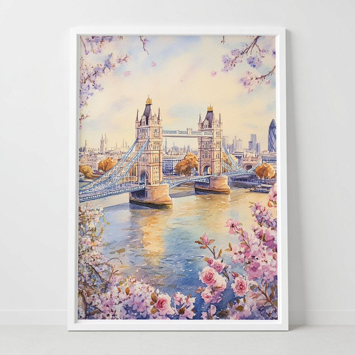 London Tower Bridge Cherry Blossom Spring Watercolor Art Poster