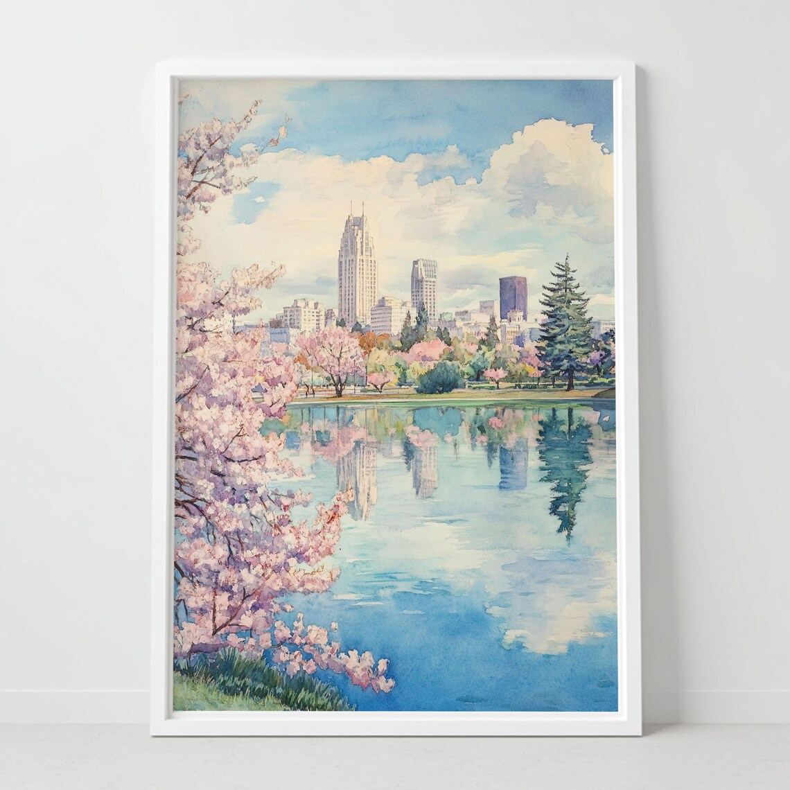 Oakland California Skyline Cherry Blossom Lake Reflection Watercolor Poster