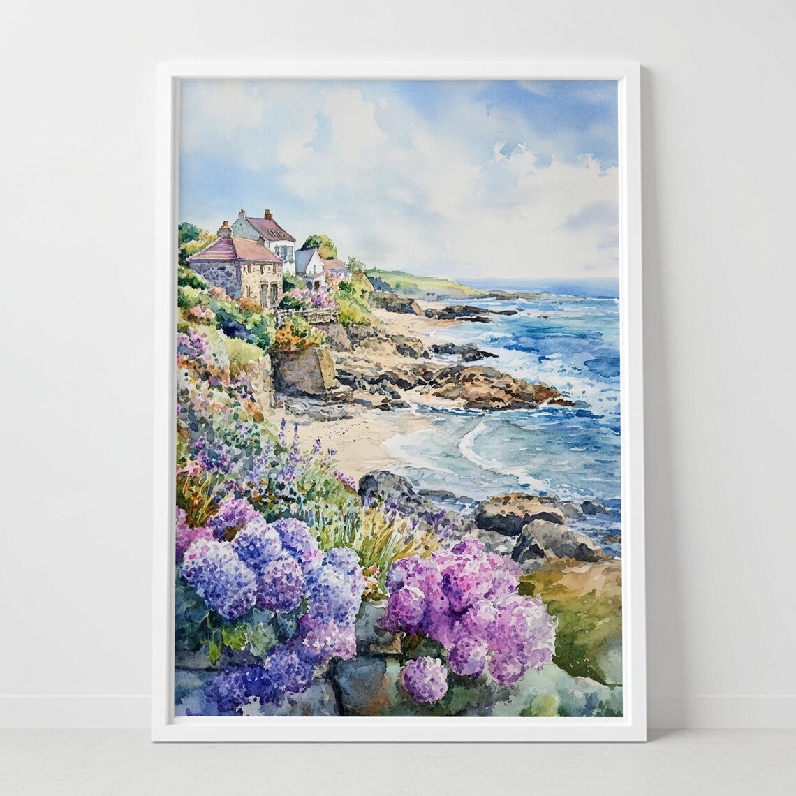 Coastal Village Watercolor Hydrangea Flowers Beach Art Poster