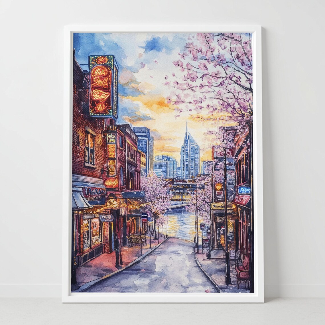 Nashville Tennessee Broadway Neon Signs Skyline Watercolor Poster