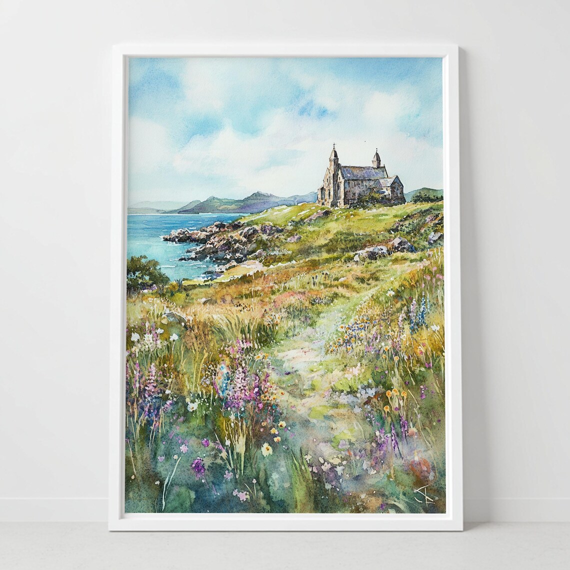 Coastal Wildflower Path Old Stone Church Seaside Watercolor Art Poster