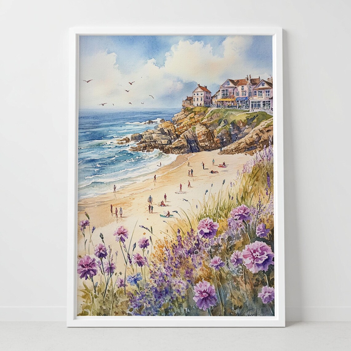 Newquay Cornwall Beach Cliffs Flowers Watercolor Seaside Poster