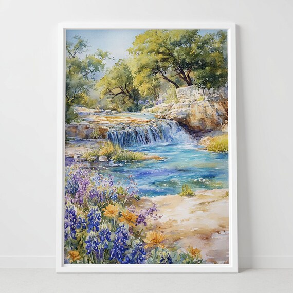 Pedernales Falls Texas Bluebonnet Waterfall Watercolor Poster