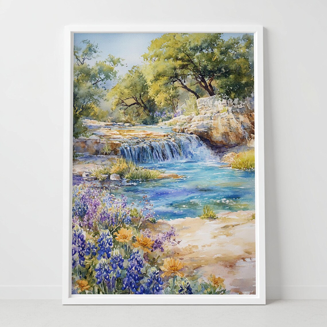 Pedernales Falls Texas Bluebonnet Waterfall Watercolor Poster