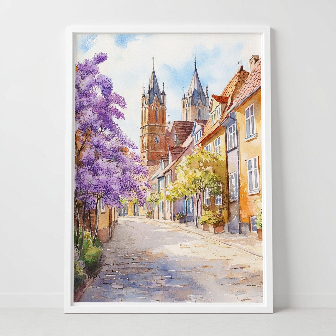 Lund Sweden Cathedral Spires Old Town Street Watercolor Poster