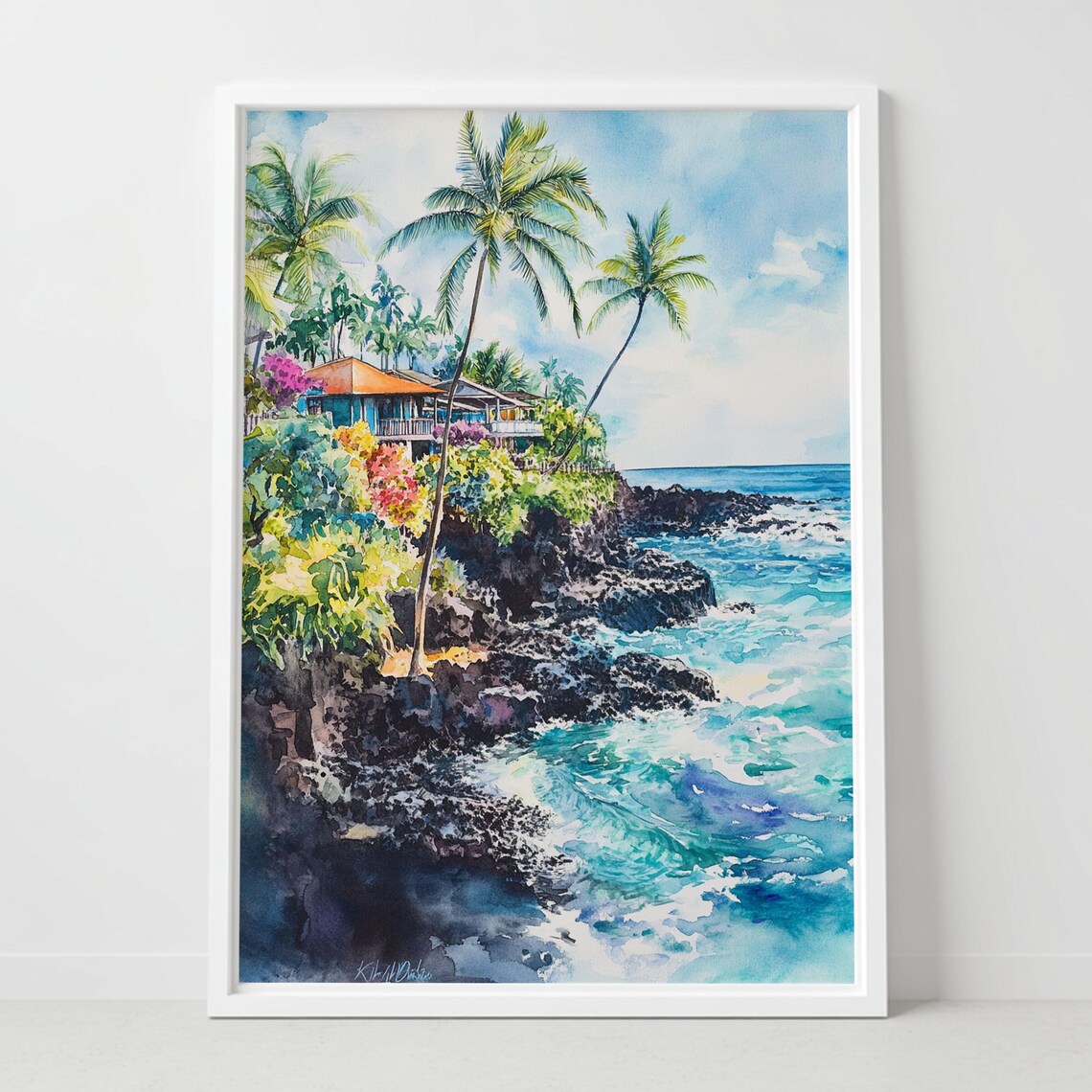 Tropical Palm Tree Beach House Rocky Cliff Ocean Watercolor Poster