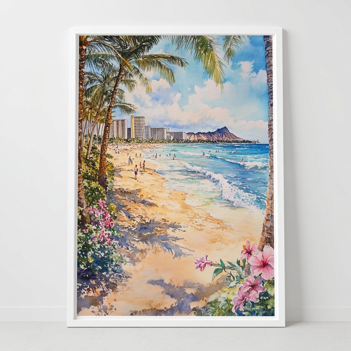 Waikiki Beach Hawaii Diamond Head Watercolor Coastal Art Poster
