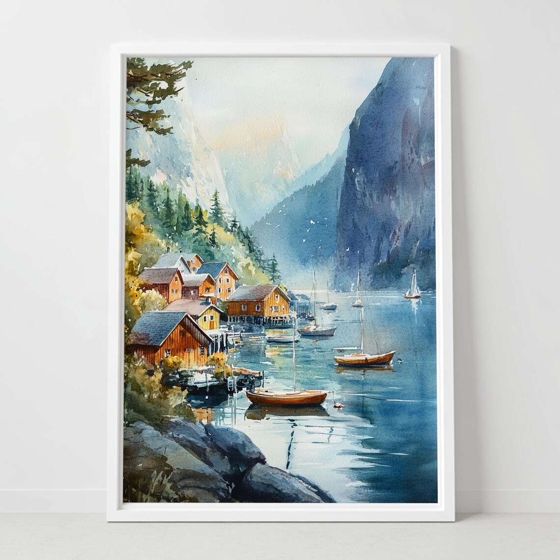 Norway Fjords Watercolor Fishing Village Sailboats Mountain Poster
