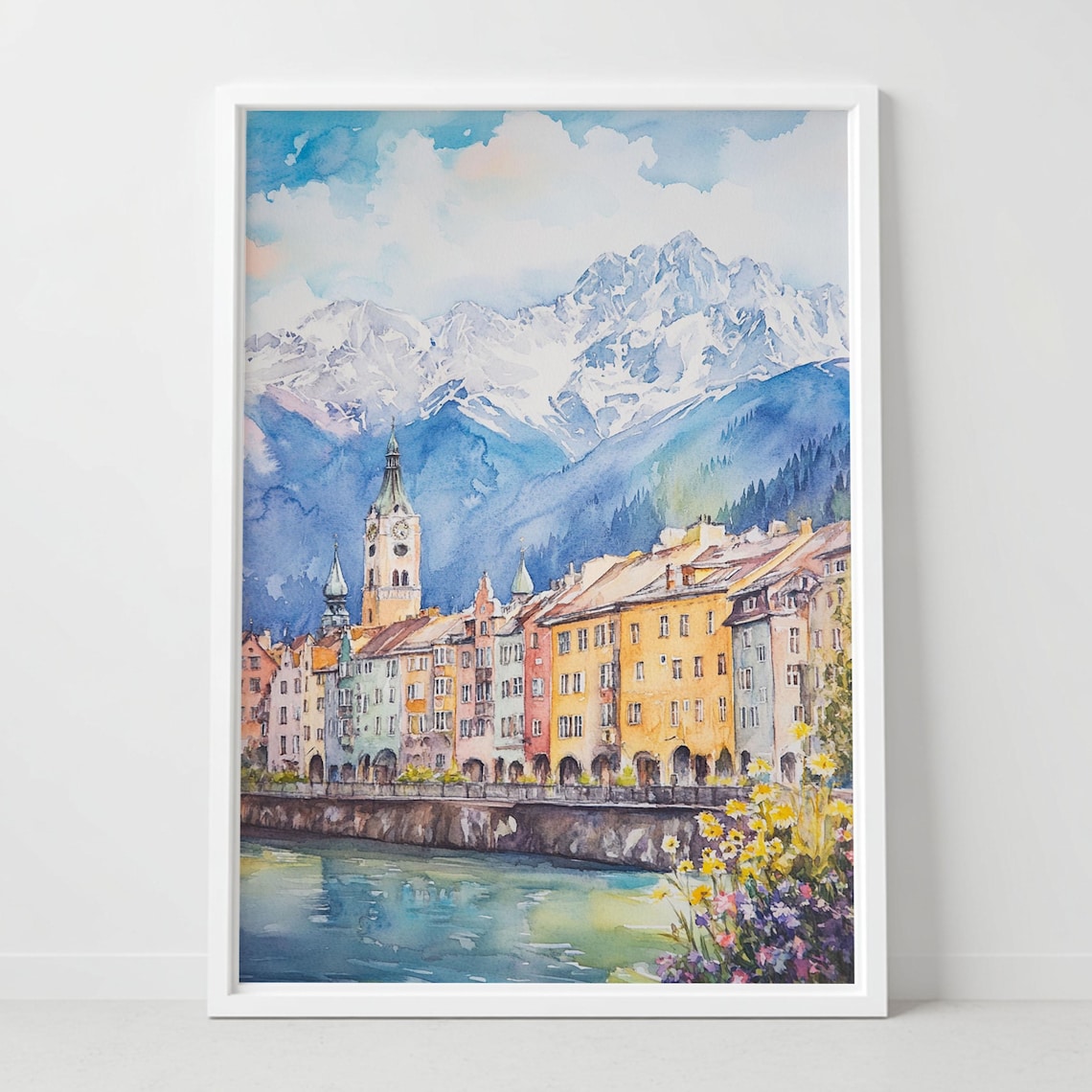 Alpine Town Colorful Houses River Snowy Peaks Watercolor Landscape Poster