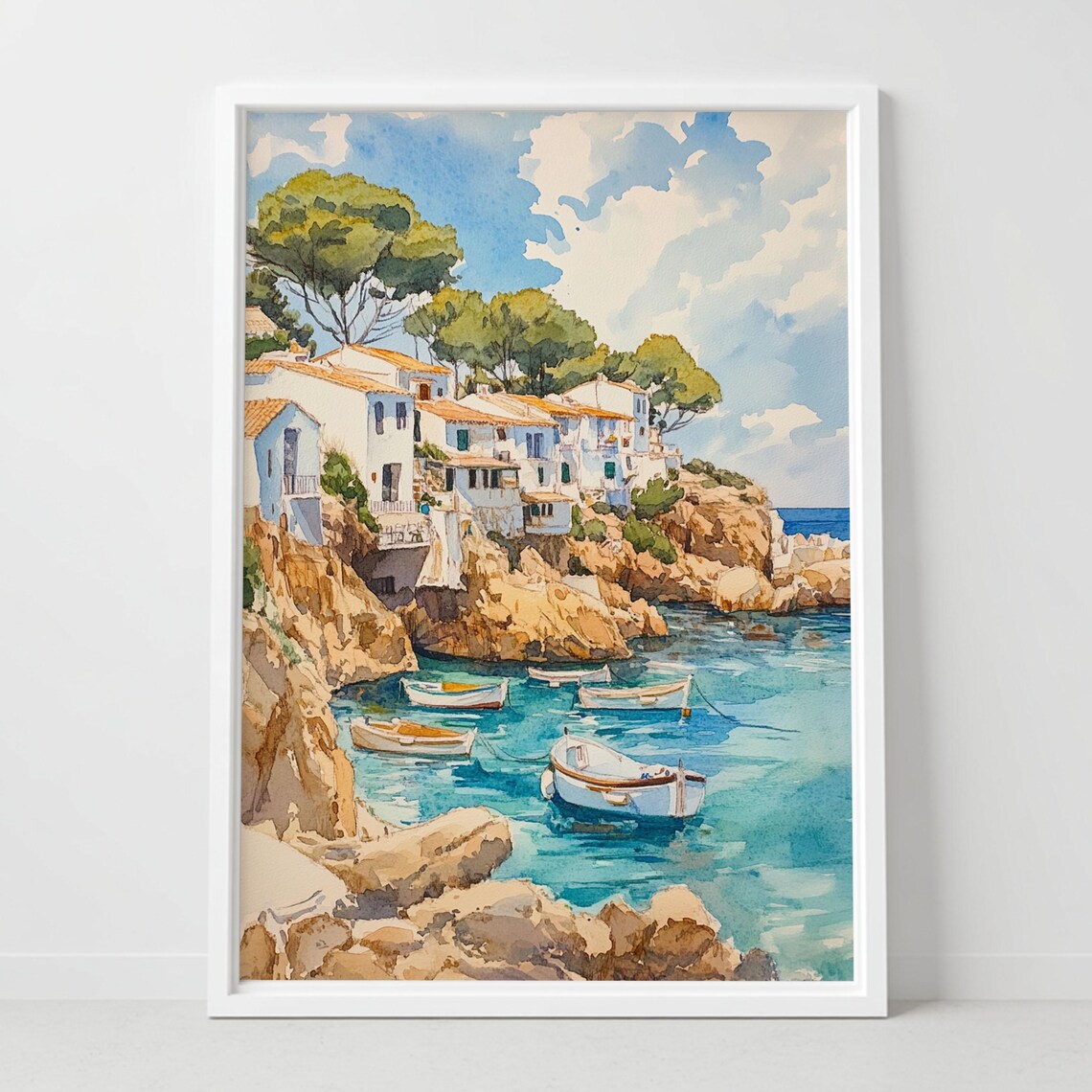 Menorca Spain Mediterranean Cove White Houses Boats Watercolor Poster