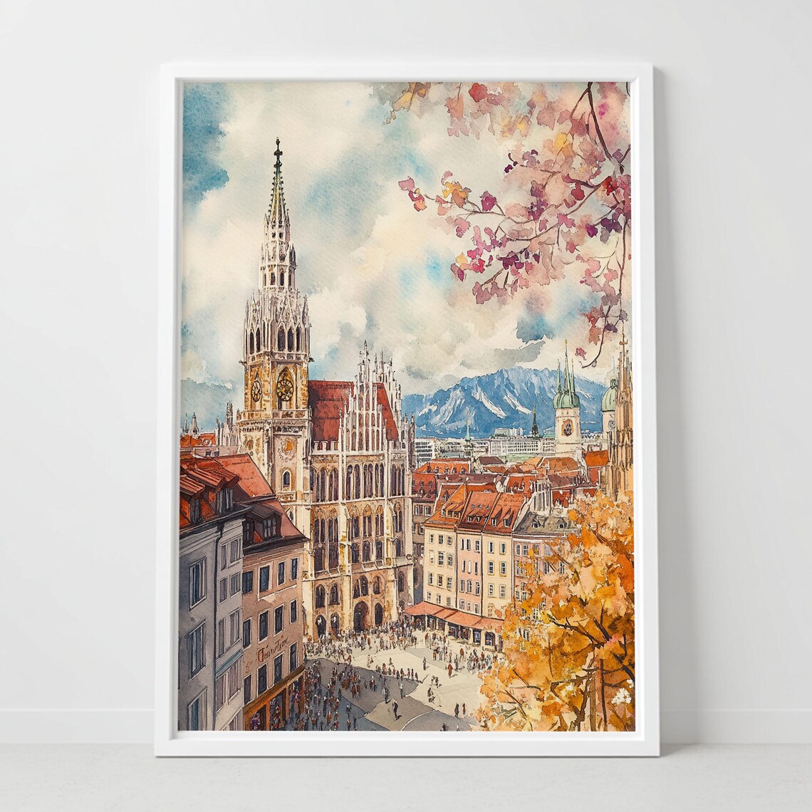Munich Germany Watercolor Poster Marienplatz Town Hall Alps View Art
