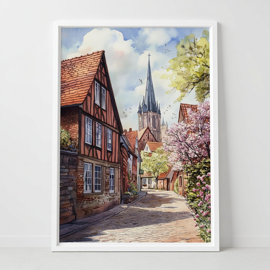 Munster Germany Old Town Street Church Spring Blossom Watercolor Poster