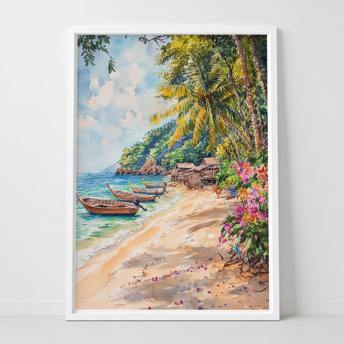 Tropical Beach Longtail Boats Palm Trees Watercolor Art Poster