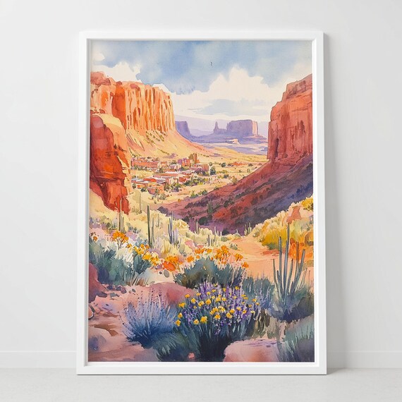 Kanab Utah Red Rock Canyon Desert Bloom Watercolor Landscape Poster