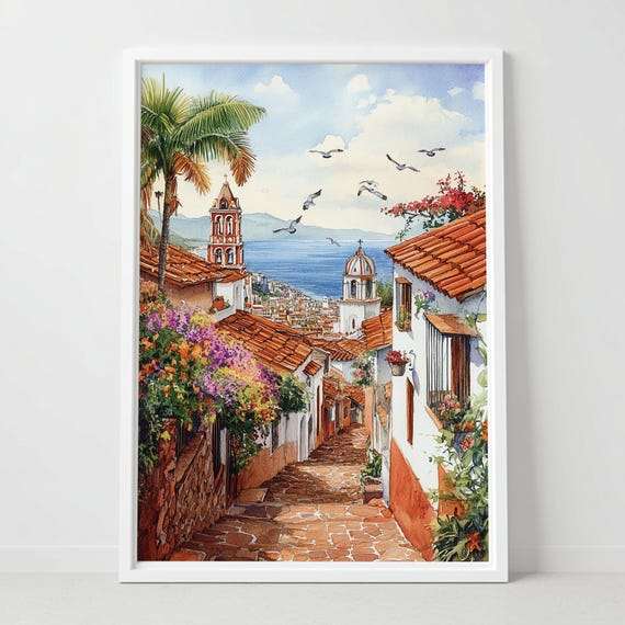 Puerto Vallarta Watercolor Print Mexico Travel Poster Tropical Wall Art
