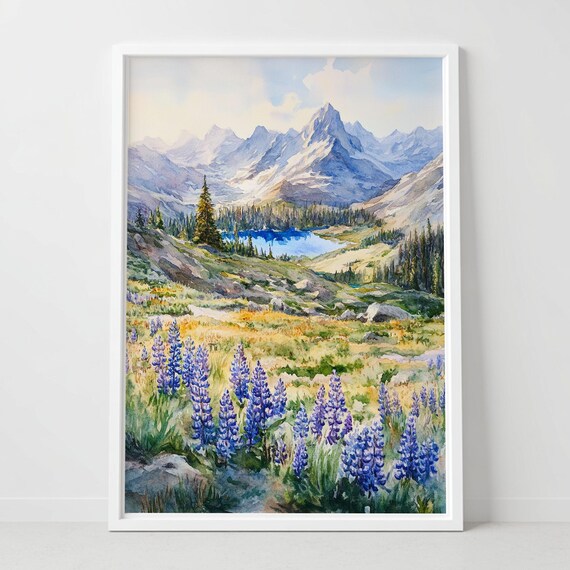 Alpine Lupine Meadow Mountain Lake Wildflower Watercolor Art Poster