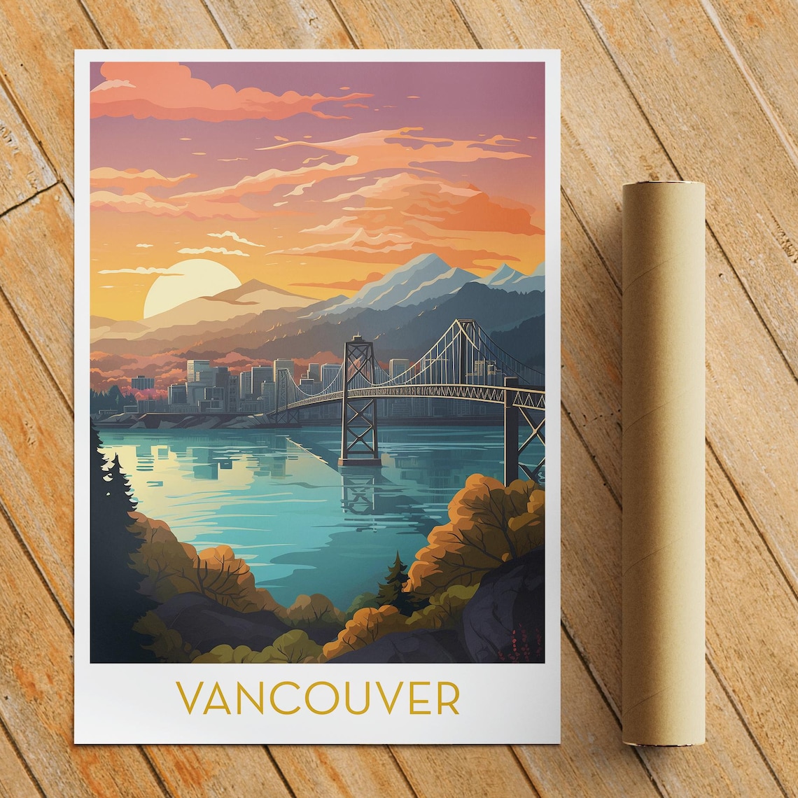 Vancouver Canada Bridge Poster with Lions Gate Sunset over the Harbor