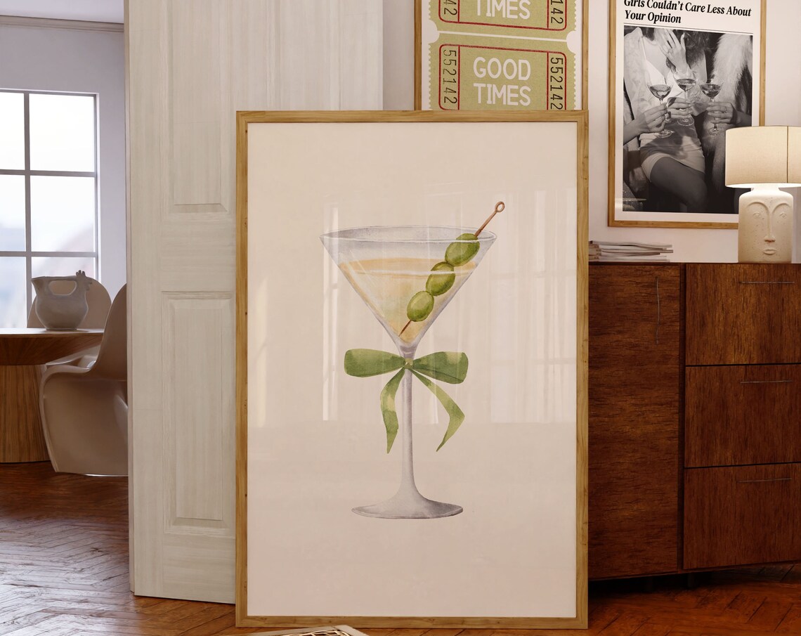 Dirty Martini Watercolor Poster with Green Bow on Tall Glass - Image 3