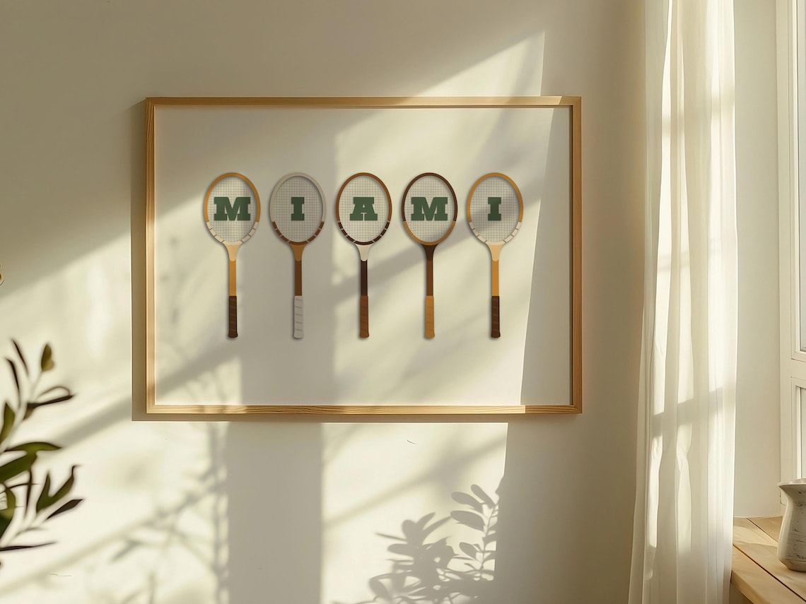 Vintage Miami Racquet Poster, Retro Tennis Wall Art