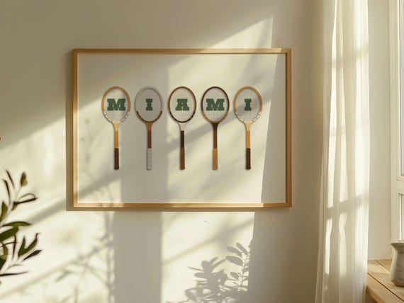 Vintage Miami Racquet Poster, Retro Tennis Wall Art