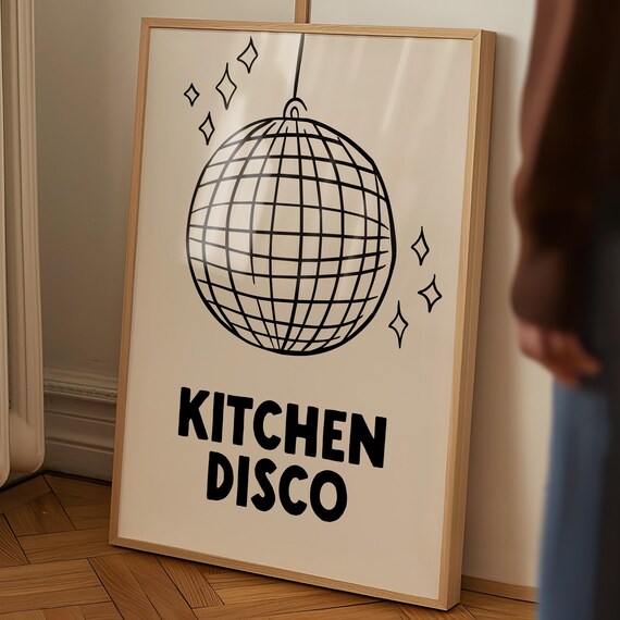 Kitchen Disco Ball Sparkle Line Art Fun Bold Typography Poster