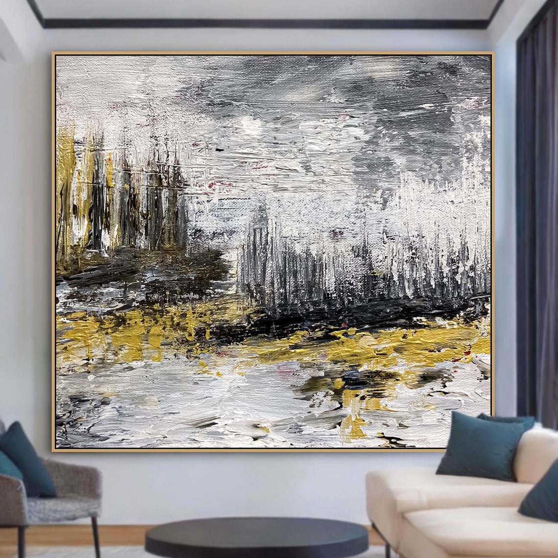 Black White Gold Abstract Winter Forest Mist Modern Wall Art